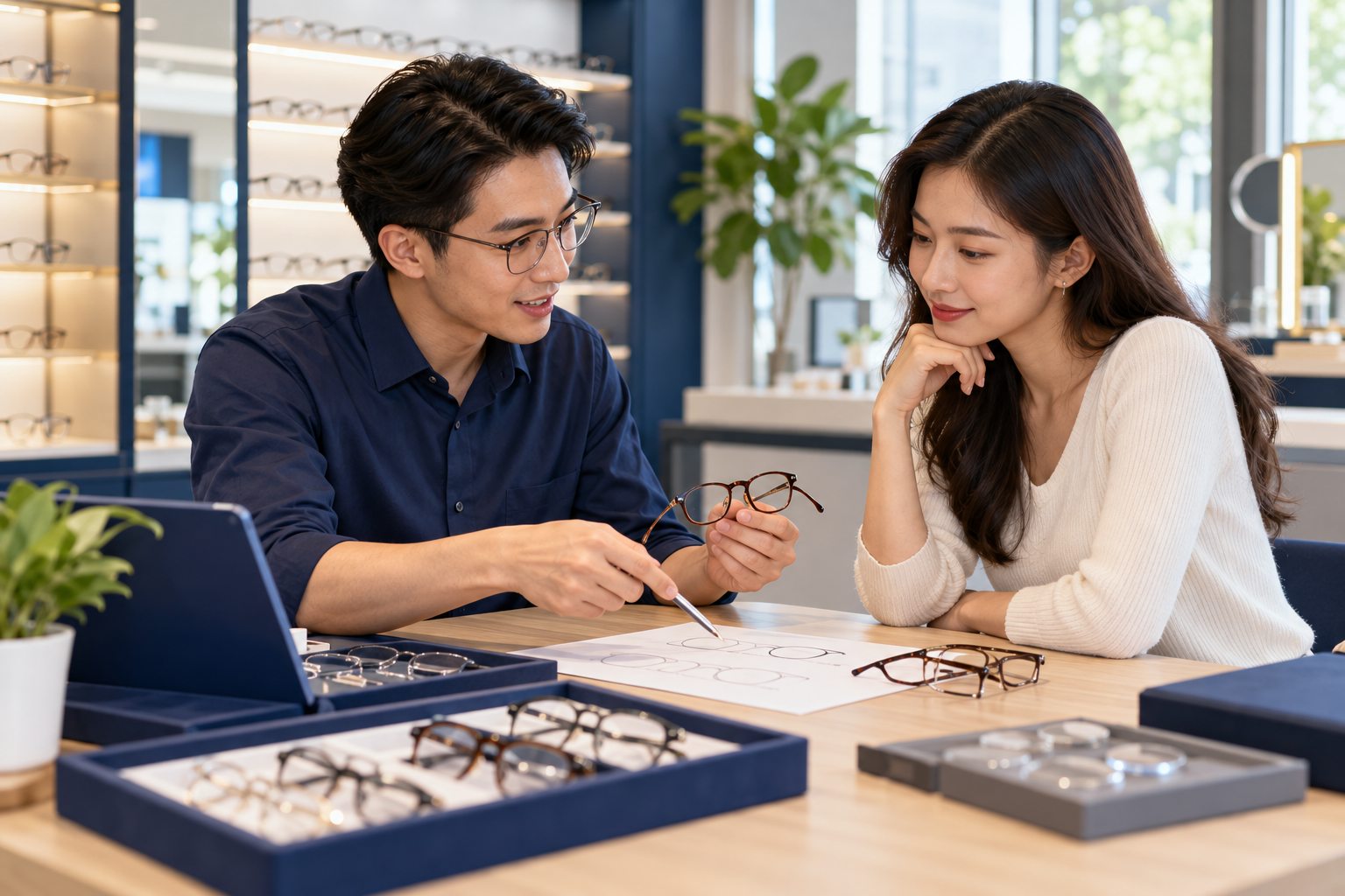 Ảnh minh họa tư vấn viên giải thích lựa chọn kính cho khách hàng