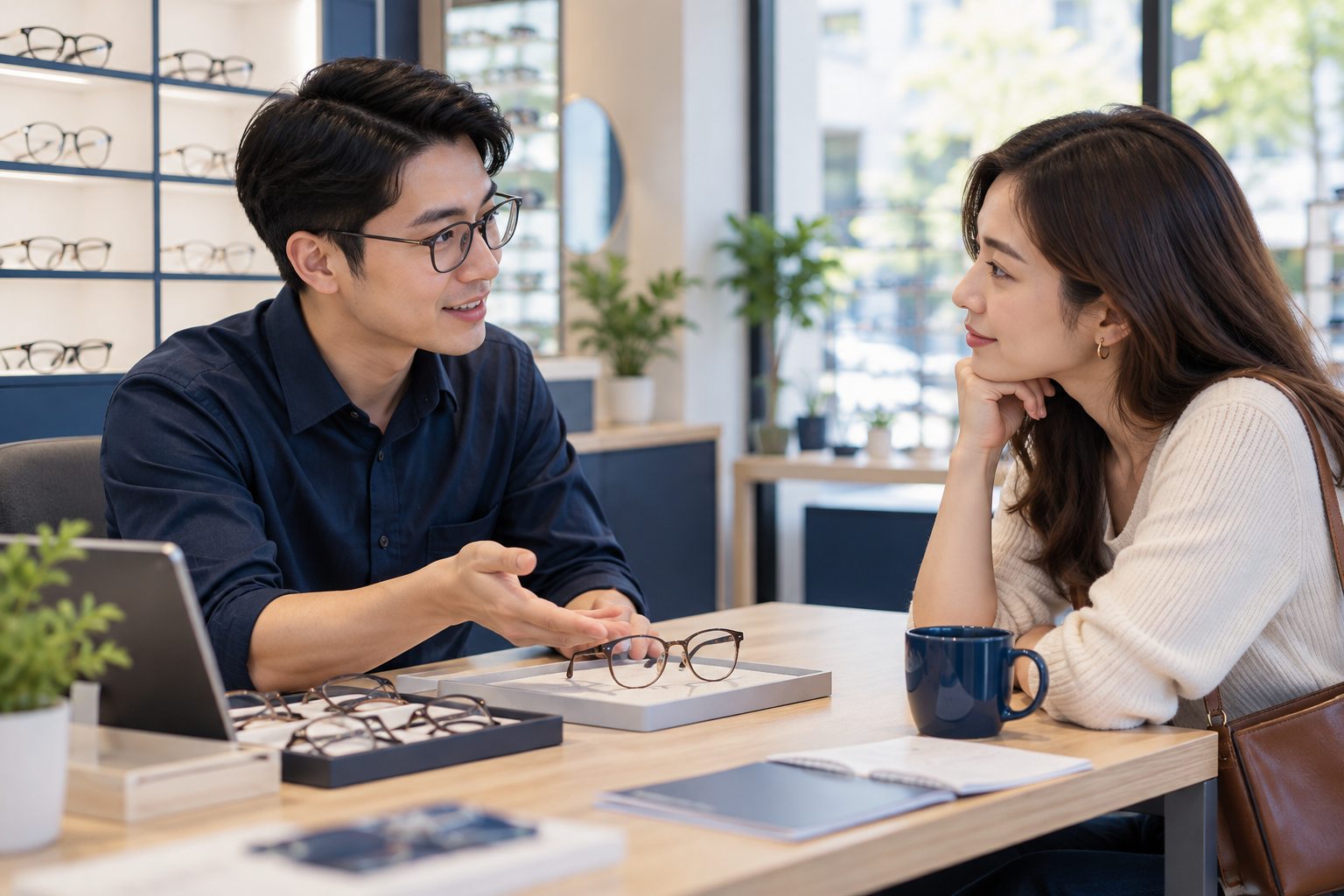 Ảnh minh họa tư vấn viên lắng nghe nhu cầu sử dụng kính của khách hàng