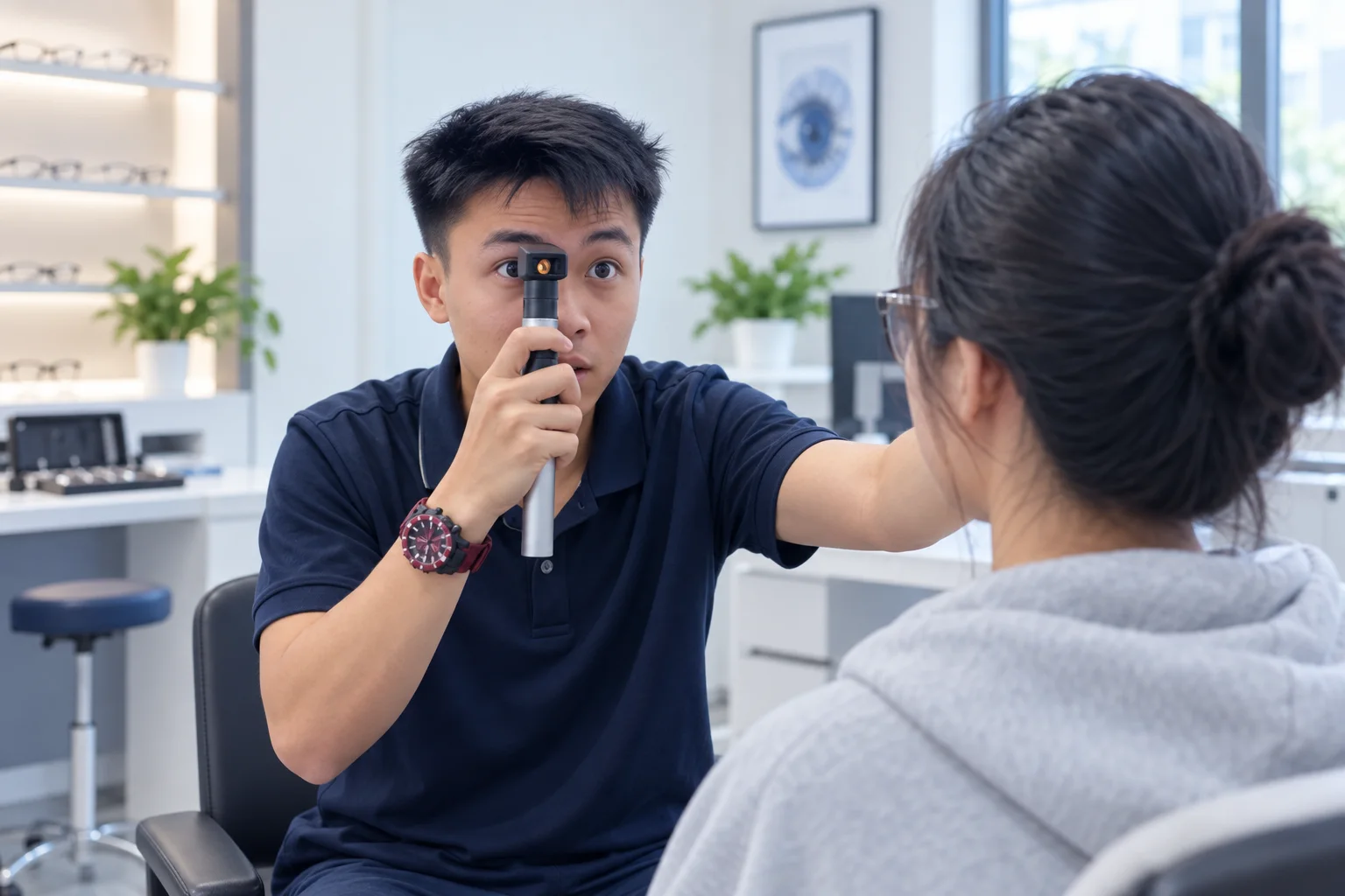 Kỹ thuật viên Định Đo Mắt soi bóng đồng tử cho khách hàng