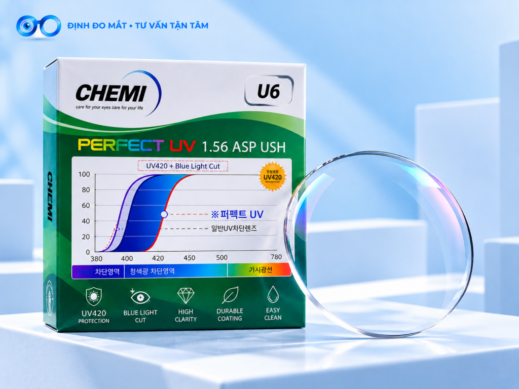 Hộp CHEMI U6 Perfect UV 1.56 đặt cạnh hình minh họa tròng kính