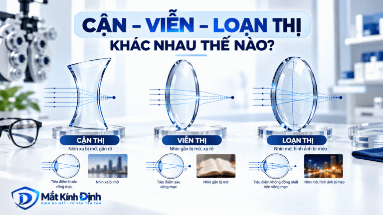 So sánh cận thị viễn thị và loạn thị qua hình minh họa ba tật khúc xạ
