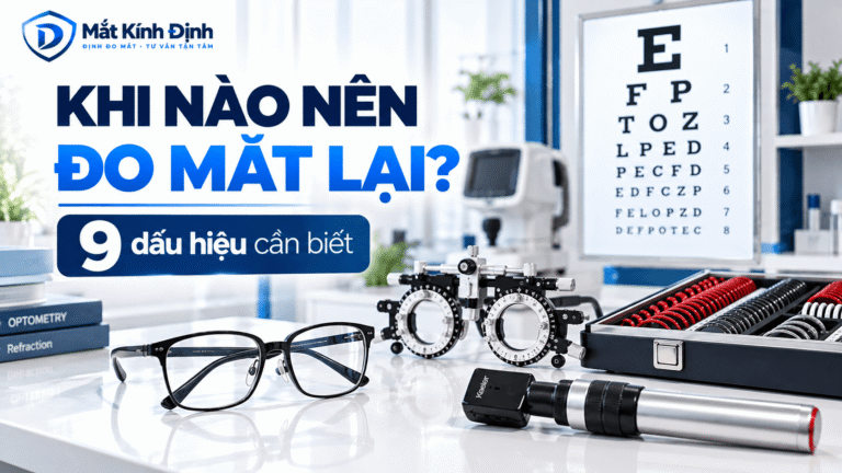 Người đeo kính kiểm tra thị lực với bảng đo mắt để biết khi nào nên đo mắt lại