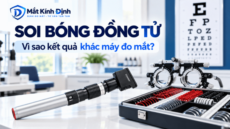 Đèn soi bóng đồng tử và bộ kính thử dùng trong đo khúc xạ khách quan