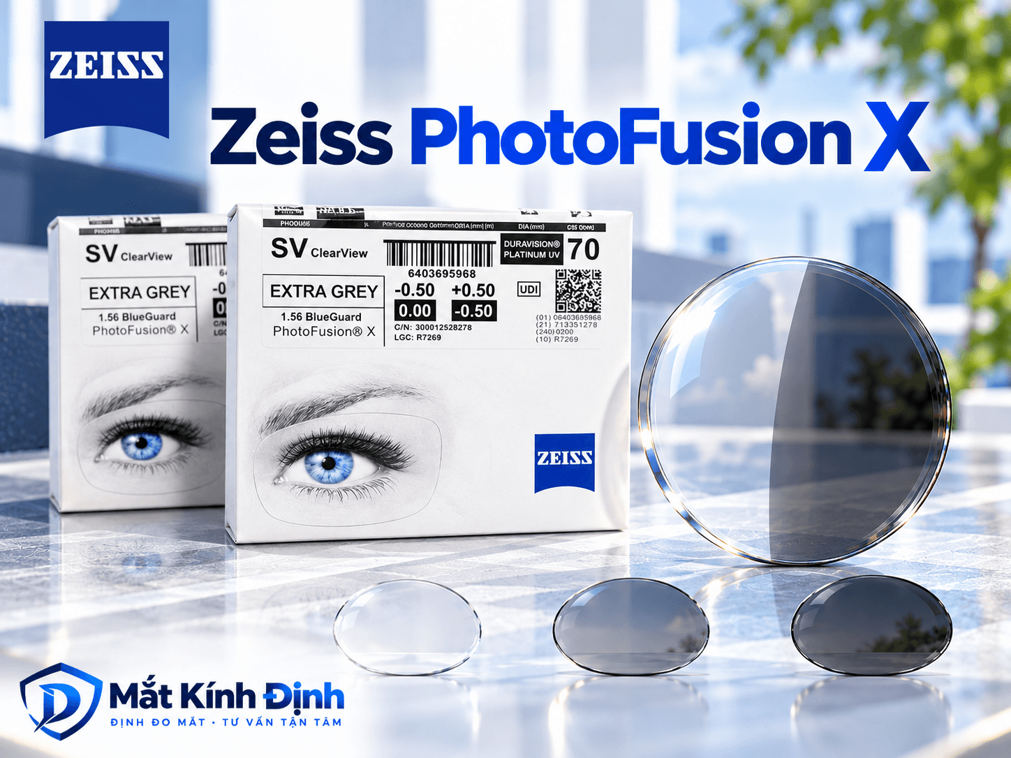 Tròng kính ZEISS PhotoFusion X ClearView đổi màu khi ra nắng, kết hợp thiết kế quang học ClearView cho tầm nhìn rõ nét.
